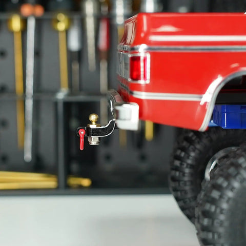 Drop Hitch Receiver For 1/18 RC Crawler TRX4M Upgrade with CNC Aluminum Build and Red Tow Hook on RC Truck Model
