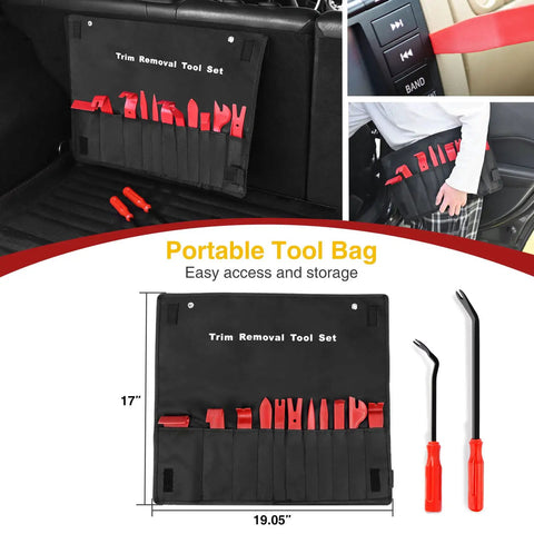 Nylon Car Fastener Clip Kit For Panels And Dashboards DIY Ready 13 Piece Trim Removal Tool Set displayed in tool bag.