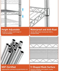 Detailed view of Heavy Duty Chrome Steel Rolling Storage Shelves Three Tier Mobile Wire Rack Built Tough For Garage Kitchen Pantry Setup showing adjustable height and NSF-certified construction.