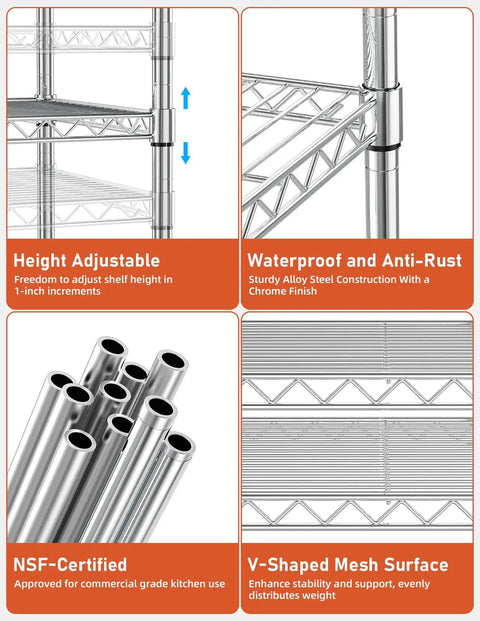 Detailed view of Heavy Duty Chrome Steel Rolling Storage Shelves Three Tier Mobile Wire Rack Built Tough For Garage Kitchen Pantry Setup showing adjustable height and NSF-certified construction.