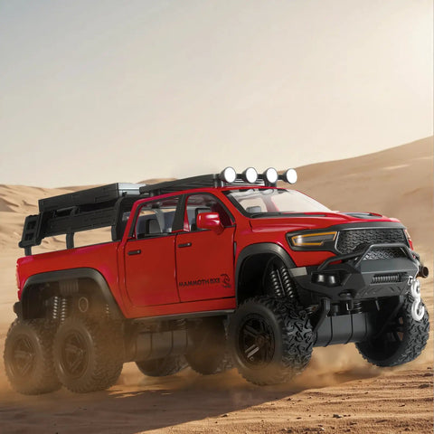 Red Mammoth model pickup toy kit on sand; One Thirty Second Scale Die Cast Trucks For Boys Red Mammoth Model Pickup Collectible Toy Kit