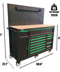 13 Drawer Rolling Tool Cabinet With Wood Workbench And Pegboard Heavy Duty Steel Tool Storage With Lock, dimensions shown