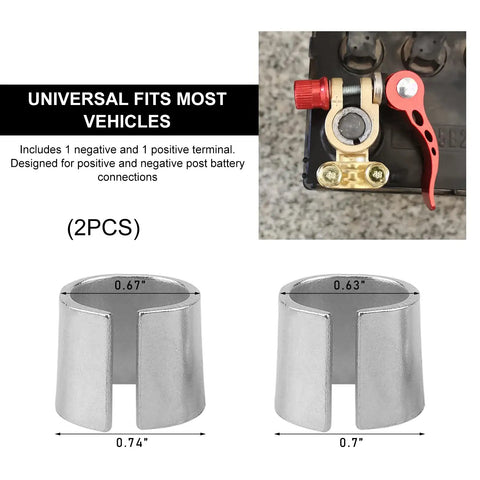 2 Pack Battery Post Shim Lead Adapters For Positive And Negative Posts Pure Lead Terminal Converter For Automotive Battery Posts Durable Car Battery Accessories with sizes 0.67/0.74 in and 0.63/0.7 in shown
