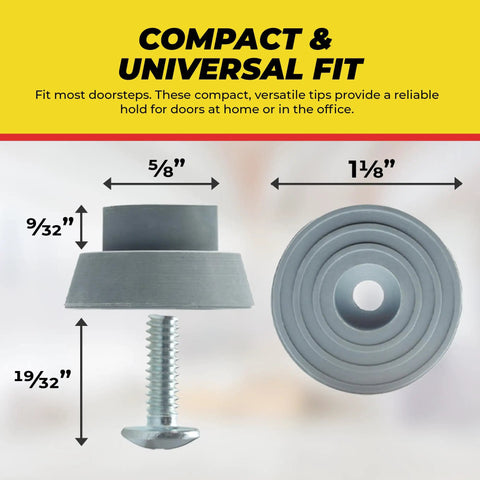 Door Stopper Replacement Rubber Tips for Kickdown and Drop Down Doors, Ribbed Foot for Positive Hold, dimensions shown.