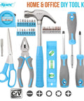 Household Starter Tool Kit With Portable Toolbox For Dorm Rooms Blue, 38 Piece DIY Essentials For Home Repairs And Small Projects, Magnetic Bit Driver With 28 Standard And Precision Bits, Multi Purpose Screwdriver Set For Quick Fixes. Blue 38-piece home and office DIY tool kit with tape measure, hammer, pliers, scissors, level, and bit set