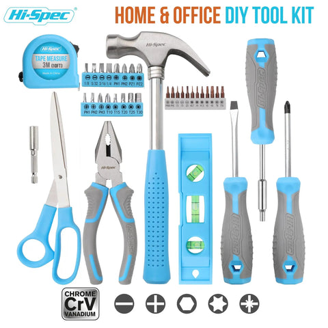Household Starter Tool Kit With Portable Toolbox For Dorm Rooms Blue, 38 Piece DIY Essentials For Home Repairs And Small Projects, Magnetic Bit Driver With 28 Standard And Precision Bits, Multi Purpose Screwdriver Set For Quick Fixes. Blue 38-piece home and office DIY tool kit with tape measure, hammer, pliers, scissors, level, and bit set