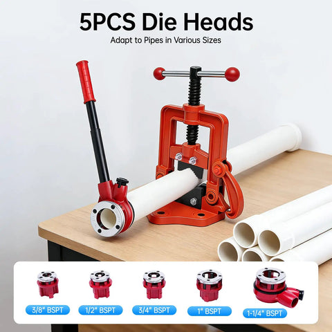 Heavy Duty Ratchet Pipe Threader Kit With Five Swappable Die Heads For Galvanized And Steel Tubing built on a workbench with die sizes.