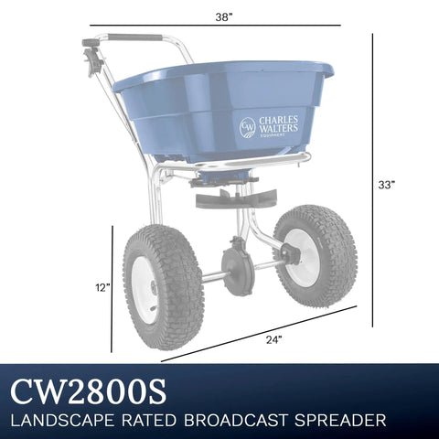 Landscape Broadcast Spreader CW2800S With 80Lb Capacity And Stainless Steel Frame, side view with measurements