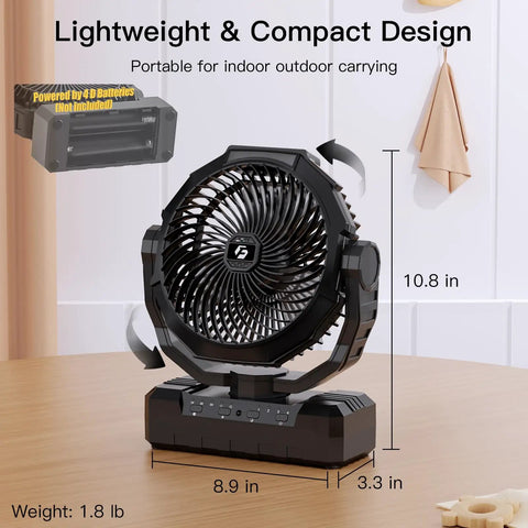 2 In 1 D Cell And USB Powered Fan For Outdoors Portable Battery Operated Fan With 4 Speeds Light Timer And Remote, size dimensions shown