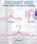 Product dimensions of pink 10 Pack Travel Hangers for Cruises and Trips, Portable Folding Clothes Hangers shown in folded and open views.