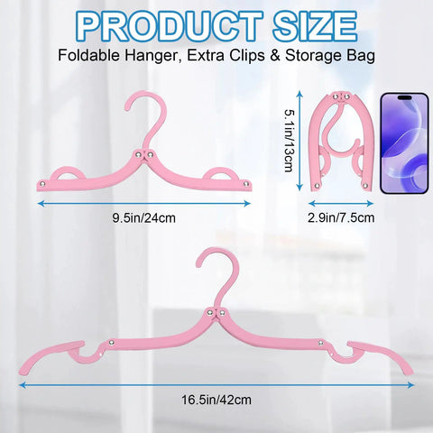 Product dimensions of pink 10 Pack Travel Hangers for Cruises and Trips, Portable Folding Clothes Hangers shown in folded and open views.