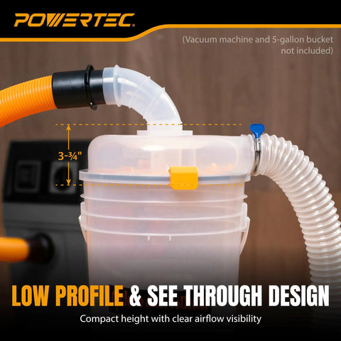 Low Profile Cyclone Dust Separator Kit with hose and elbow attachment, fits 5-gallon buckets, for shop vac and dust collectors.