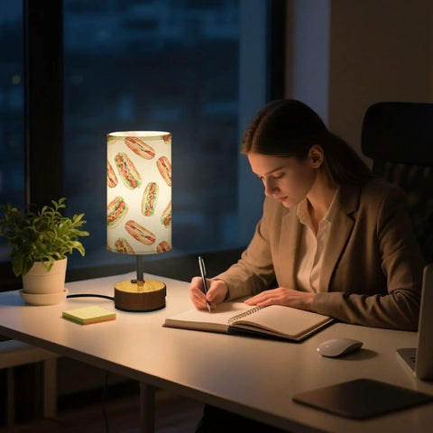 Modern office with Hotdog Watercolor Decor Bedside Table Lamp with 3 Way Dimmable on desk beside woman writing at night.