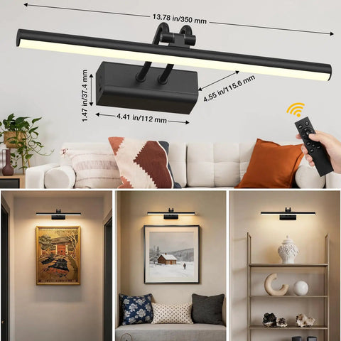 Slick Battery Operated Picture Light For Wall In Bold Black With Seamless RF Remote Control For Flawless Art Display And No Fuss Installation, mounted above art.