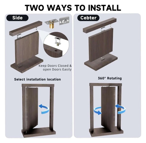Two installation methods for Secret Door Hinge Kit With 360 Degree Pivot, showing side and center mounting options for hidden doors.