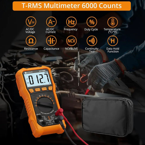 6000 Counts Digital Multimeter With TRMS Auto Range Backlit Display shown in use, with case and test leads visible