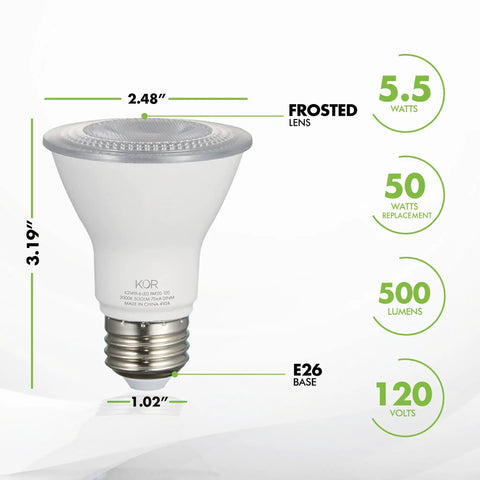 Six Pack LED PAR20 Flood Lights 5.5W 120V Dimmable Wet Location 3000K Warm White 40 Degree Flood With E26 Medium Base Replaces 50W Halogen Energy Efficient illustration with specifications