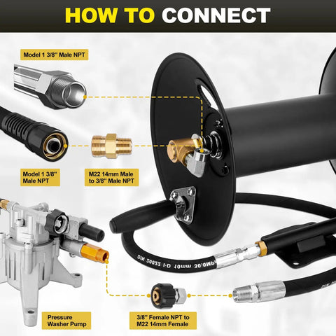Heavy Duty Built To Last 100Ft Three Eighths Inch NPT Pressure Washer Hose Reel With Swivel Arm Steel Wall Mount Bracket connection guide