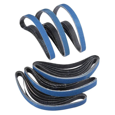 10 Pack P80 Sanding Belts 13Mm X 457Mm Heavy Duty Zirconium Abrasive for air finger sander, blue strips stacked.