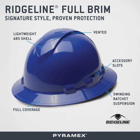 Image of Ridgeline Full Brim Hard Hat with 6 Point Ratchet Suspension Blue Vented Safety Helmet, showing lightweight ABS shell.