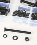 200 Piece M4 Hex Socket Head Cap Screws Kit With 10.9 Alloy Steel Black Bolts Nuts Washers Assortment For DIY Projects Automotive Bike Repairs Ideal For Quick Fix Auto Repair Home Improvement And Gearhead Projects showing black M4 screw, washer, and nut in organizer