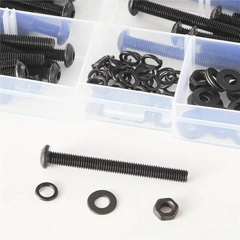 200 Piece M4 Hex Socket Head Cap Screws Kit With 10.9 Alloy Steel Black Bolts Nuts Washers Assortment For DIY Projects Automotive Bike Repairs Ideal For Quick Fix Auto Repair Home Improvement And Gearhead Projects showing black M4 screw, washer, and nut in organizer