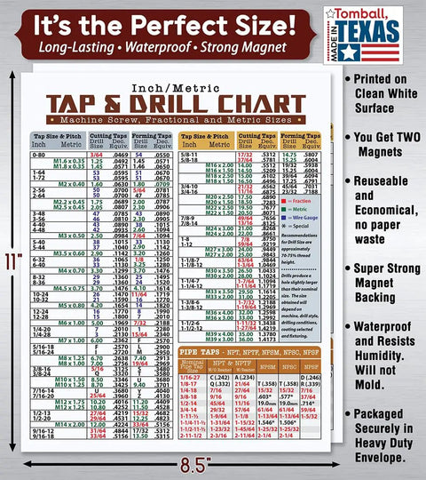 Top Shelf Magnetic Tap Drill Metric Conversion Chart Pack Of 2 At 8.5By11 Inches strong wall mount with inch and metric sizes.