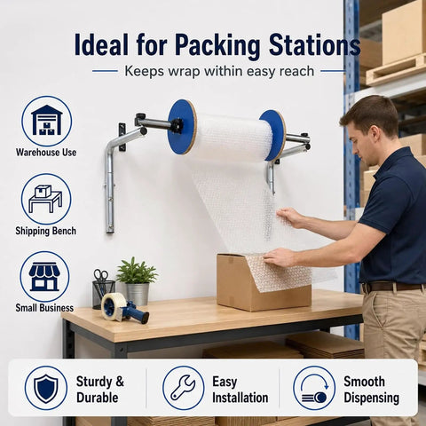 Pro Level Commercial Wall Mounted Foam Wrap Roll Dispenser For Heavy Shipping Packing And Moving With Ridiculously Strong Galvanized Steel Film Rack in use at a packing station.