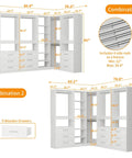 L Shaped Corner Closet System With Nine Roomy Drawers And Spacious Open Shelves Freestanding Modular Wardrobe Organizer illustration with dimensions.