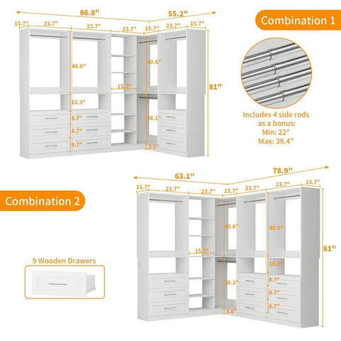 L Shaped Corner Closet System With Nine Roomy Drawers And Spacious Open Shelves Freestanding Modular Wardrobe Organizer illustration with dimensions.