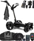 Slick Remote Controlled Electric Golf Push Cart Bundle With Top Shelf Touchscreen Gps Navigation And Preloaded Courses For Thirty Six Holes With Built In Drink Holder And Compact Umbrella Mount Plus Badass Travel Carry Bag including towel and accessories.