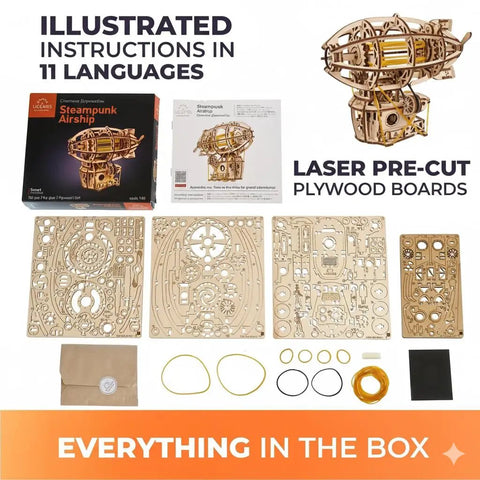 Steampunk Airship 3D Wooden Puzzle Kit Dope No Glue Required DIY Zeppelin Model Five Point Three Inch Tall Brain Teaser contents