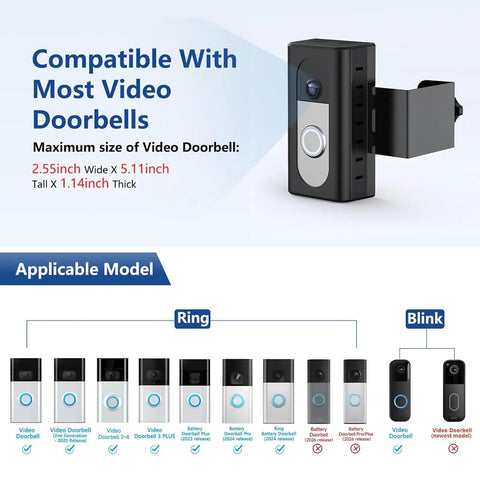 No-Brainer Anti-Theft Video Doorbell Mount For Ring And Blink Wireless Doorbells showing compatibility chart and dimensions