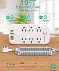 10 Ft Flat Plug Power Strip With 6 Outlets And 2 USB A Ports And 2 USB C Ports Overload Protection Wall Mount Displayed on Desk