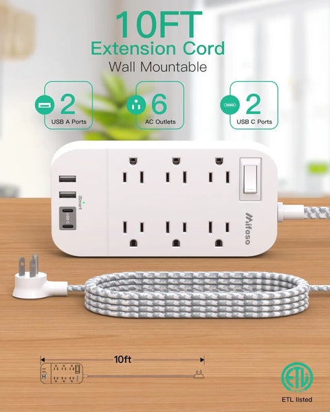 10 Ft Flat Plug Power Strip With 6 Outlets And 2 USB A Ports And 2 USB C Ports Overload Protection Wall Mount Displayed on Desk
