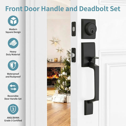 Heavy Duty Matte Black Front Door Lock Set With Deadbolt Modern Exterior Door Handle Reversible on Christmas-decorated door