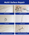 Image displaying various wall damages including scratches, graffiti, nail holes, cracks, water stains, and peeling paint.