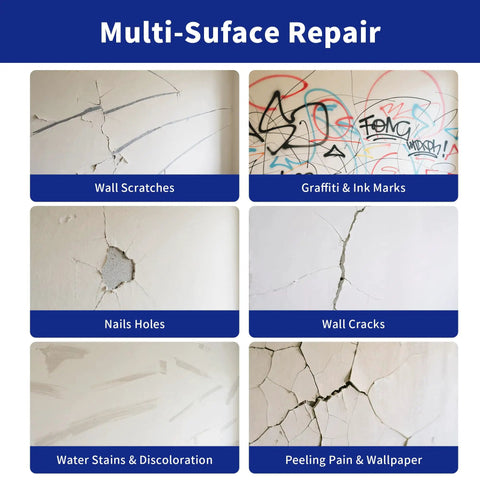 Image displaying various wall damages including scratches, graffiti, nail holes, cracks, water stains, and peeling paint.