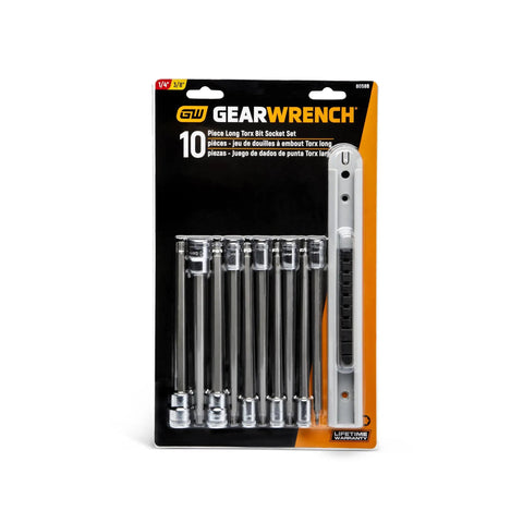 10 Pc Long Torx Bit Socket Set for 1/4 and 3/8 Inch Drives, S2 Steel Bits with Heat Treated Socket Base packaging