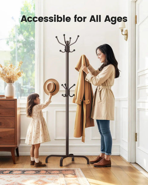14 Hook Freestanding Coat Rack Stand For Entryway Hallway Bedroom And Office Metal Coat Tree Hat Rack in use with adult and child