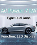 Level 2 EV Charger With J1772 Connector, 32A/7kW, car charging with dual guns and LED display in futuristic setting