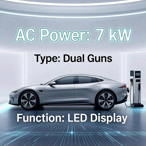 Level 2 EV Charger With J1772 Connector, 32A/7kW, car charging with dual guns and LED display in futuristic setting