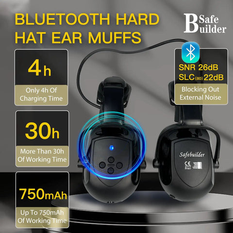 Bluetooth ear muffs for construction, black, SNR 26dB, 4-hour charge time, 30-hour usage, 750mAh battery, OSHA approved.