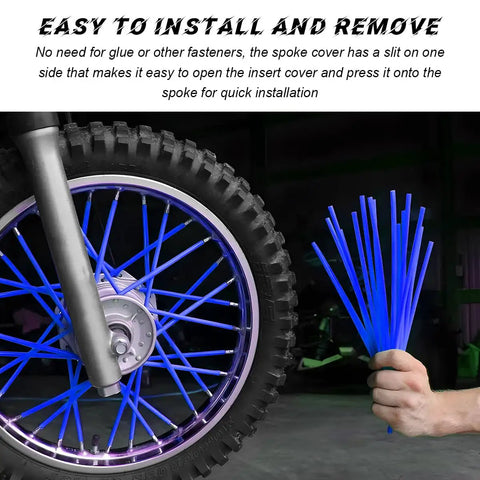 Dark Blue Spoke Covers For Dirt Bikes Motorcycle Spoke Skins Wheel Wraps For 8 To 21 Inch Rims in action on bike wheel.