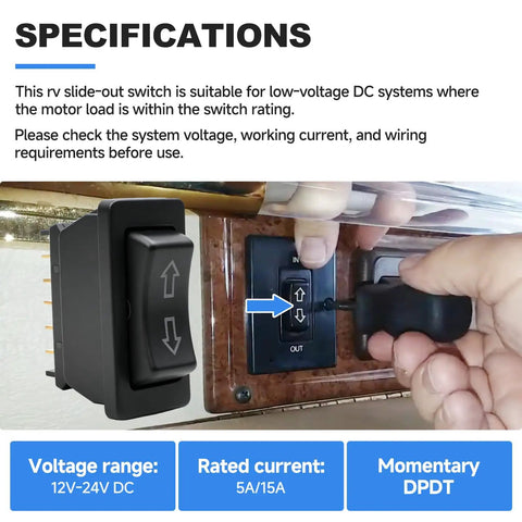 Super Handy Momentary Rocker Switch For Your Rv Camper Slide Out System Features Five Pin Inline Terminal Setup Handles 12 To 24 Volt Dc With Five To Fifteen Amp Rating For Reliable Motor Control, black RV slide-out rocker switch mounted on panel