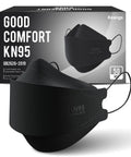 Box and single black KN95 Face Masks 50 Pack for Adults and Teens, Soft And Comfy Disposable Masks With Up To 95 Percent Filtration, Black 3D Ergonomic Design For Secure Fit And Everyday Protection displayed.