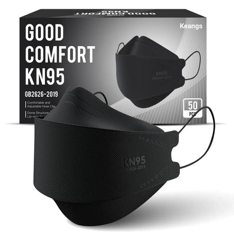 Box and single black KN95 Face Masks 50 Pack for Adults and Teens, Soft And Comfy Disposable Masks With Up To 95 Percent Filtration, Black 3D Ergonomic Design For Secure Fit And Everyday Protection displayed.