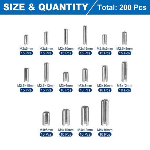 200 Piece Roll Pin Set Slotted Spring Pins 304 Stainless Steel Handy Assortment For Home Upgrades Automotive And Machinery Repair