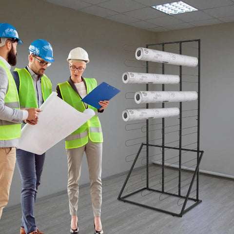 Heavy Duty Vinyl Roll Floor Storage Rack And Paper Organizer For Print Shops And Art Studios With Forty Long Shelves in use with blueprints.