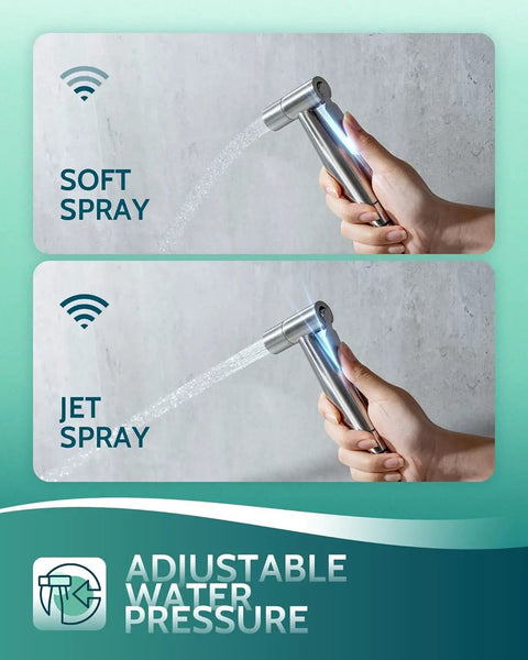 Demonstration of Handheld Bidet Sprayer for Toilet with Adjustable Water Pressure showing soft and jet spray settings.